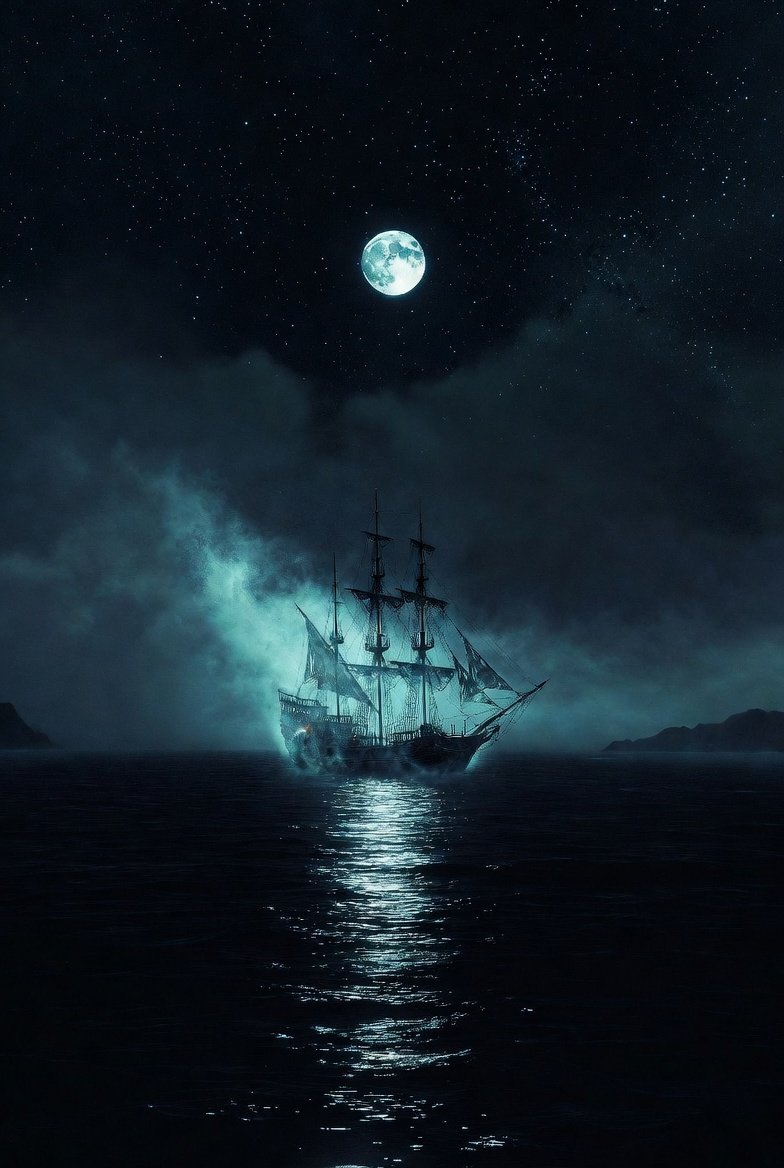 A phantom pirate ship anchored in a misty cove at midnight, lit by a full moon.